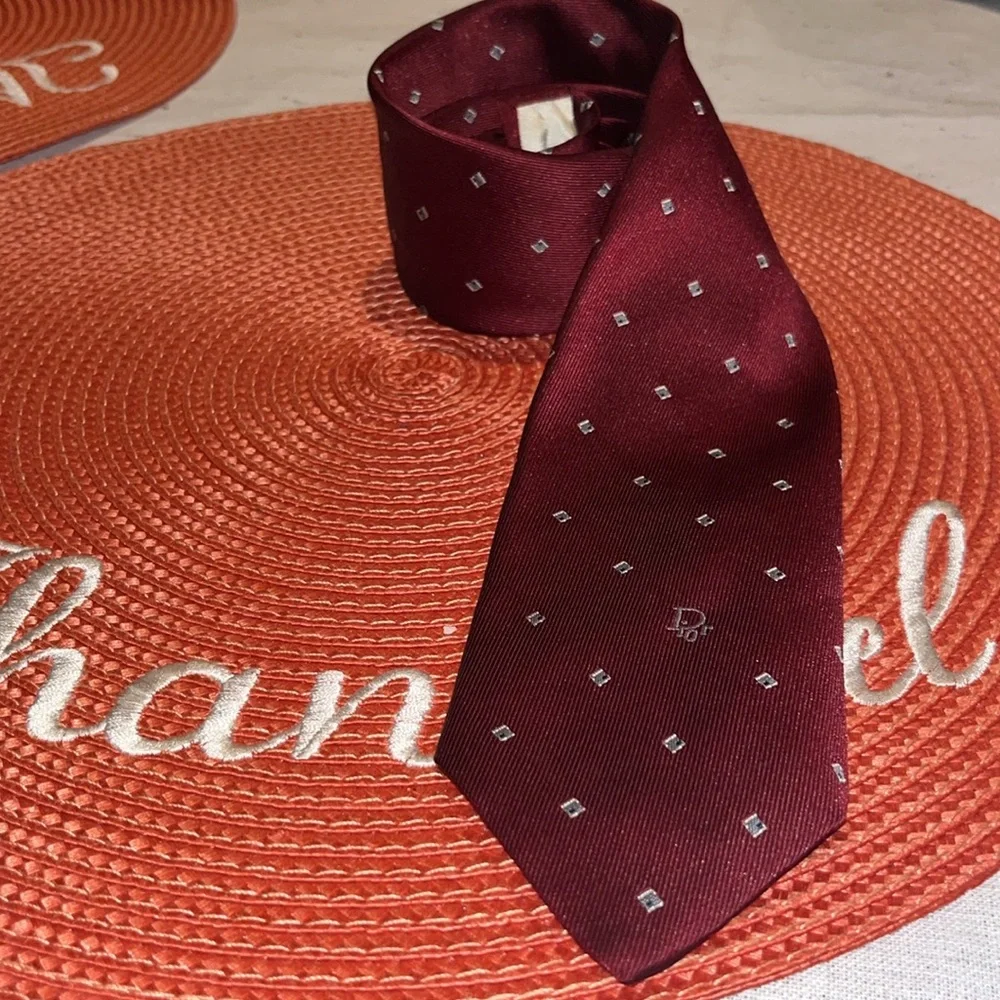 Vintage Christian Dior Silk Blend Necktie Red, Gold & Blue Diamond Polka Dot EUC